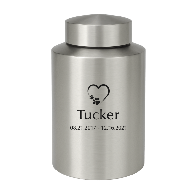 Personalised Dog Urn – Engraved Stainless Steel Memorial Urn  with Heart Paw Icon, Name & Dates