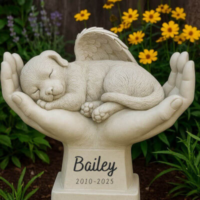 Statue chien ange au creux des mains...