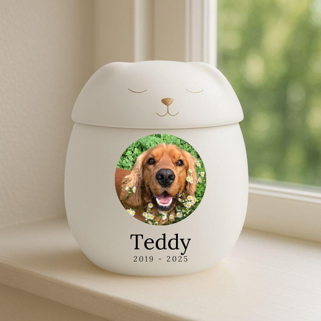 Personalised Ceramic Dog Urn with Sleeping Pet Lid – Pet Cremation Urn for Ashes with Dog's Photo, Name & Dates in a Heartfelt H