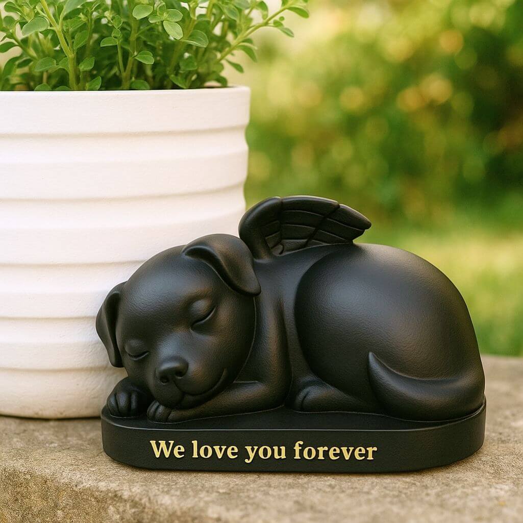 Black Sleeping Angel Dog Memorial Urn – Outdoor Resin Grave Marker & Pet Ashes Holder for Garden Display
